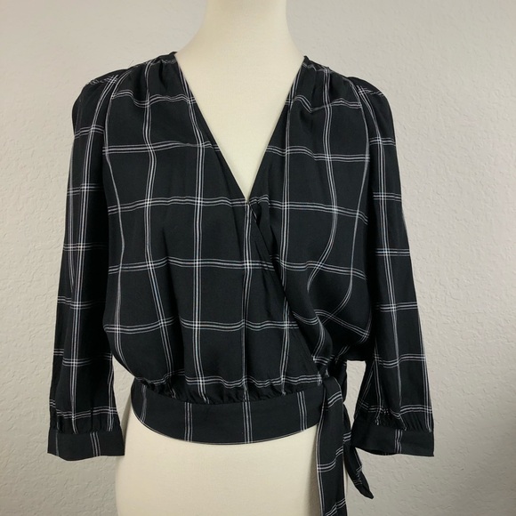 Madewell Tops - Madewell Black Windowpane Tie Wrap Blouse Sz XS